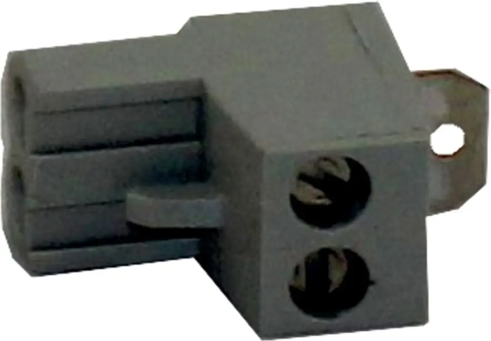 Grau 2-poliger Gegenstecker mit Brücke, geeignet für KM-Module, gefertigt von Wolf. Kompakte Bauform mit zwei Anschlussklemmen.